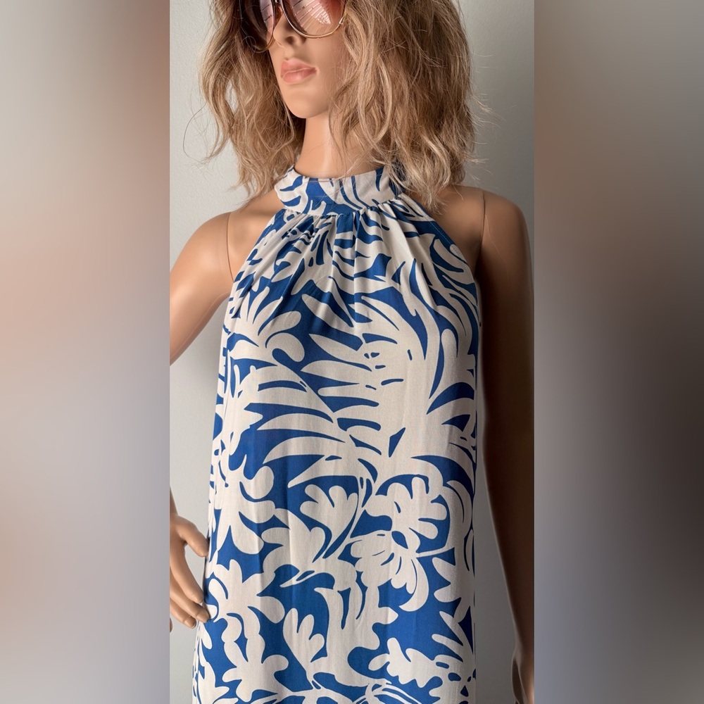 NWT MSK Blue & White Floral Maxi Dress slits on each side, ties on the neck Sz S - Picture 10 of 11